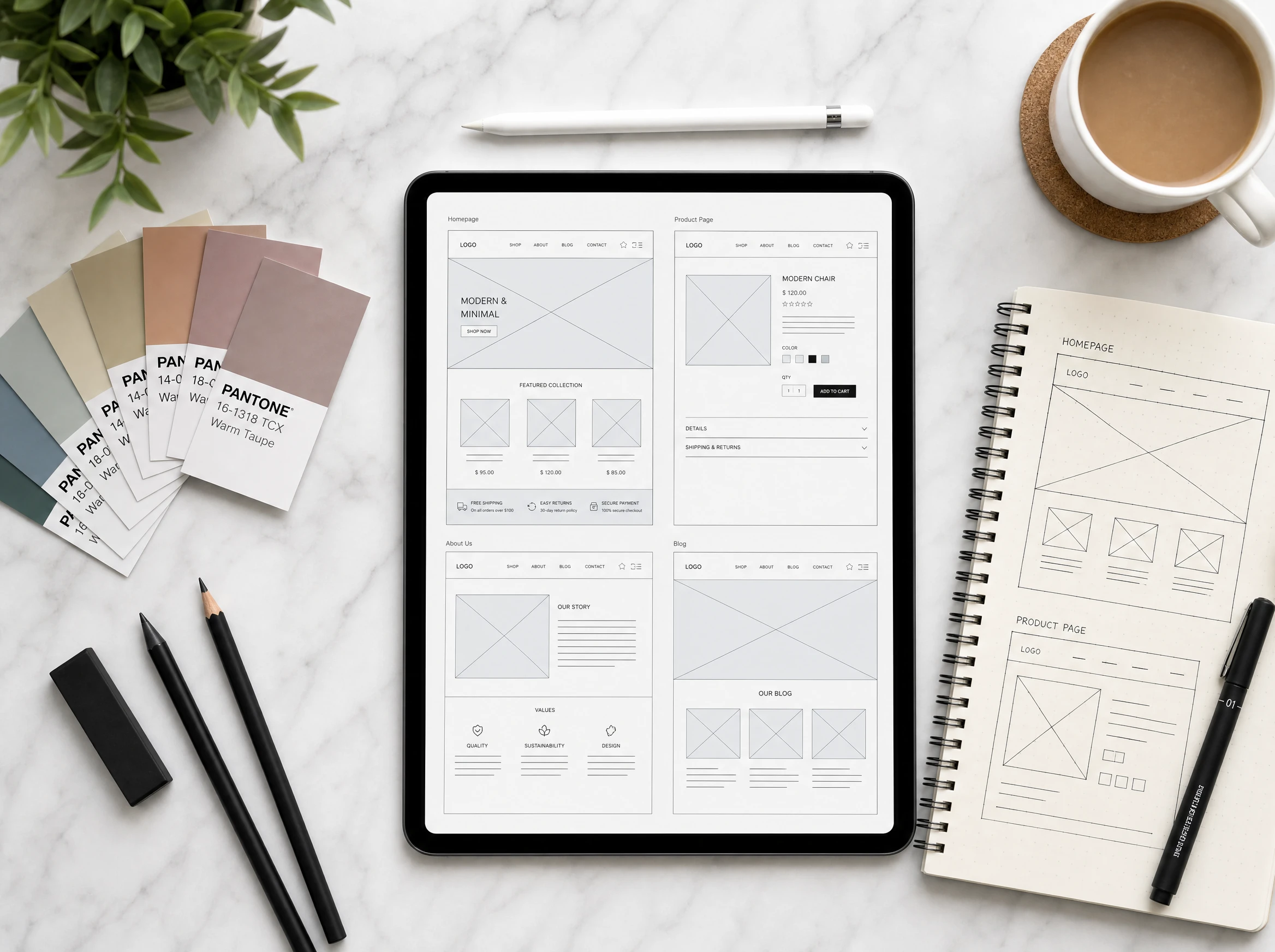 Web design tools — color swatches, tablet, pens